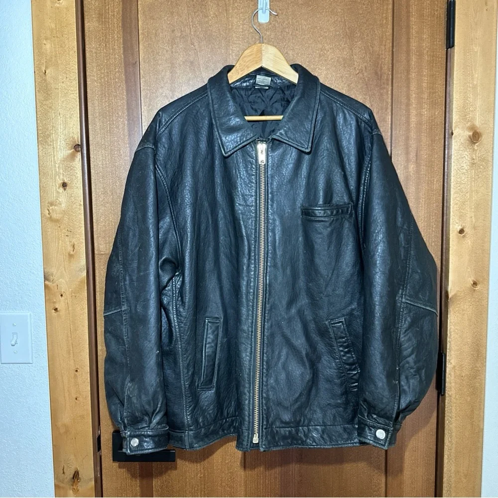 Vintage Black‎ Leather Bomber Jacket Mens XL Distressed Worn Grunge Repair